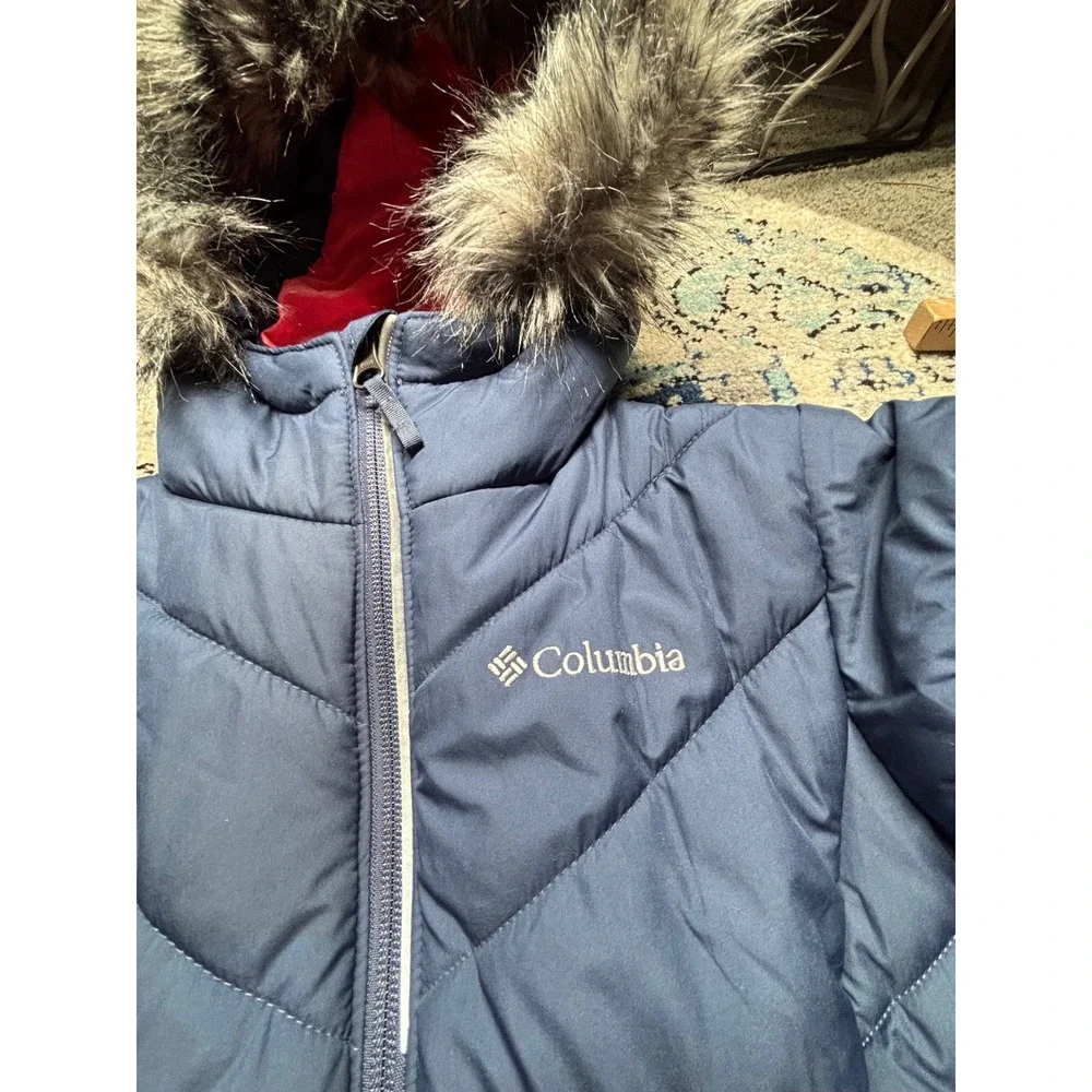 Columbia Girls Winter Coat Navy Pink‎ Faux Fur Hood Quilted Puffer Jacket WG5007